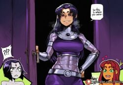 tillian ai_generated raven_(dc) teen_titans starfire_(teen_titans) starfire blackfire blackfire_(teen_titans) raven_dc multiple_girls purple_hair orange_skin colored_skin english_text breasts smile grey_skin green_eyes 3girls purple_eyes heart red_hair doorway forehead_jewel walkin long_hair green_sclera speech_bubble
