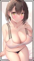 1girls azur_lane baltimore_(azur_lane) black_hair blush bob_cut braided_hair breast_suppress breasts cleavage female female_only highres large_breasts naked_female navel panties shiun short_hair sitting sports_bra straight_hair