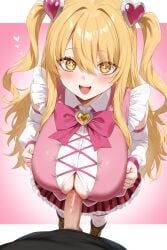 :d ai_generated blonde_hair brown_boots cross-laced_clothes don_quixote_(limbus_company) exusi_ai female frills heart_hair_ornament huge_breasts letterbox limbus_company lobotomy_ego::lantern_don_quixote_(limbus_company) long_hair long_sleeves looking_at_viewer magical_girl multicolored_skirt open_mouth paizuri_under_clothes pink_dress pink_garters pink_vest pov project_moon queen_of_hatred red_skirt sparkling_eyes striped_skirt two_side_up white_shirt white_stockings yellow_brooch yellow_eyes