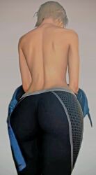 1girl 1girls 3d ass ass_focus back back_focus bare_back black_bodysuit blonde_hair blue_bodysuit blue_jacket bodysuit cammy_white cammy_white_(street_fighter_6) facing_away female female_only from_behind gradient_background grey_background jacket median_furrow pants short_hair simple_background skin_tight solo street_fighter street_fighter_6 topless undressing
