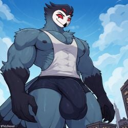 ai_generated city drawn four_eyes giant goetia helluva_boss macro_male muscular muscular_anthro perchance_ai red_eyes red_tank_top smirking_face stolas_(helluva_boss) underwear_bulge