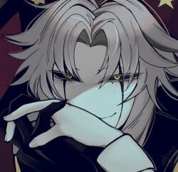 blush facing_viewer handsome_man holding_hands monster_boy pierrot_(the_freak_circus) self_insert smiling_at_viewer smirking_at_viewer the_freak_circus