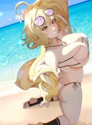 1girls ahoge amber_eyes anis_(nikke) anis_(sparkling_summer)_(nikke) ass beach big_ass big_breasts blonde_hair blue_sky breasts eyewear_on_head feet female female_only footwear goddess_of_victory:_nikke hair_ornament happy hips hzujustin1 jacket looking_at_viewer mostly_nude necklace ocean smiling smiling_at_viewer sunglasses sunlight tagme teeth thick_thighs thighs waist white_bikini