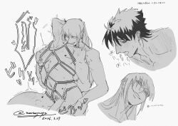2boys aged_up bite_mark bite_marks bondage from_behind gay gintama gintama:_be_forever_yorozuya head_back hickey hickey_marks hijikata_toshiro implied_anal implied_sex long-haired_male long_hair male marimoyasya monochrome nude okita_sougo penis ponytail restrained rope rope_bondage sitting_on_lap smile tongue_out yaoi