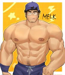 abs bara black_hair cap commission facial_hair gay glasses happy_trail male_only muscular muscular_male nipple_piercing nipples pecs pectorals rebelliousmilk shirtless shirtless_male