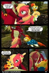 2017 3d anthro ball_lick balls big_macintosh_(mlp) blush clothing comic dragon erection first_person_view forest friendship_is_magic garble_(mlp) group group_sex jamari licking looking_at_viewer male male_pov membranous_wings my_little_pony oral penis precum scales scalie sex smile smirk standing threesome tongue tongue_out tree wings yaoi