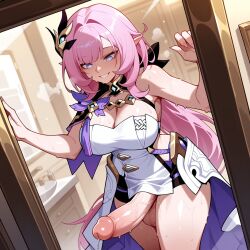 1futa ai_generated bare_arms bare_shoulders blue_eyes breasts cleavage clothing cowboy_shot dress elf elysia_(honkai_impact) erection futa_only futanari grin hair_ornament honkai_(series) honkai_impact_3rd huge_cock indoors intersex large_breasts large_penis large_testicles light-skinned_futa long_hair looking_at_viewer lunaart mirror penis pink_hair pink_pupils pointy_ears precum precum_drip smile solo sweat teeth testicles thighs veins veiny_penis very_long_hair white_dress
