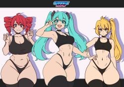3girls akita_neru belly_button blue_eyes choker gionnic_art hair_ornament hatsune_miku huge_breasts kasane_teto large_breasts multiple_girls navel red_eyes red_hair small_breasts tagme teal_hair thick_thighs thighhighs underwear vocaloid wide_hips yellow_eyes yellow_hair
