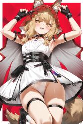 1girls ai_generated arknights arknights:_endfield armpits arms_up belt_pouch black_boots black_corset blonde_hair blush braided_bangs ears_through_headwear exusi_ai fang_hair_ornament fingerless_gloves hood_up letterbox looking_at_viewer low-tied_sidelocks red_hooded_cloak rossi_(arknights:_endfield) sweat thigh_strap upskirt wavy_mouth white_dress white_panties white_socks wolf_tail yellow_eyes young young_female