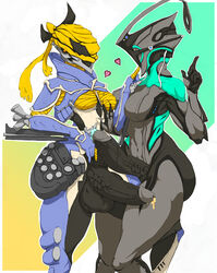 2d 2d_(artwork) 2d_artwork alien balls big_penis blue_cum breasts colored_cum cum dickgirl futa_only futanari harkonner heart intersex mesa_(warframe) nyx_(warframe) orange_cum penis tenno unusual_cum video_games warframe