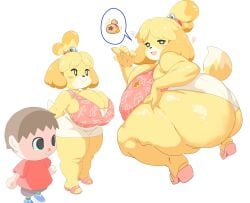 1boy 1girls animal_crossing animal_ears anthro ass bell big_ass big_breasts big_cleavage blonde_hair blowjob_gesture blush bottomless bottomless_skirt bubble_butt chubby dog_ears dog_girl dog_tail furry gesture hair_ornament heart heels huge_breasts human isabelle_(animal_crossing) jacket looking_at_viewer massive_breasts mooning nintendo nipple_bulge open_mouth, plump prostitute prostitution riceoctopii sex_gesture shirt skirt_lift smile squatting standing tail tied_hair, topknot upskirt villager_(animal_crossing)