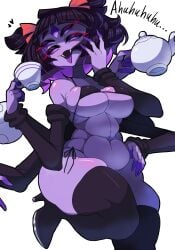 5_eyes bare_shoulders bikini black_hair breasts camuruchi fangs female female_only fit fit_female hand_on_face hand_on_hip heart high_heel_boots holding holding_object monster monster_girl muffet navel purple_body revealing_clothes short_hair sleeves spider spider_girl tagme tagme_(artist) text thick_thighs tied_hair tongue tongue_out undertale voluptuous wide_hips