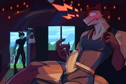 2025 aldrake_(jaybeyyy) anthro belt black_clothing black_hair black_shirt black_topwear blush boots bottomwear brown_hair caught caught_in_the_act caught_masturbating clothed clothing day digital_media_(artwork) door dragon duo ellipsis erection exclamation_point extended_arm eye_contact eyewear footwear genitals glans green_body hair hi_res holding_bag humanoid_genitalia humanoid_penis inside jaybeyyy looking_at_another male male/male masturbation mythological_creature mythological_scalie mythology orange_body pants penis penis_through_underwear scalie shirt shocked shoes sitting sky speechless sunglasses tail tank_top text topwear underwear url walk-in window wingless_dragon