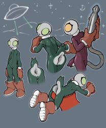 2026 5:6 alien anus ass boots camel_toe clothed clothing digital_media_(artwork) duo easy_access eyelashes female footwear gloves green_eyes grey_body handwear hi_res holding_object humanoid looking_at_viewer lying moon on_front orange_eyes roswell_grey shoes space spacecraft spacesuit standing star tail ufo vehicle xenopera