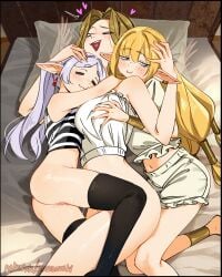 2026 3girls bed bedroom bedroom_sex blonde_female blonde_hair blush cuddling earrings elf elf_ears elf_female female female/female female_only frieren frieren_beyond_journey's_end kneehighs lesbian_sex methode_(sousou_no_frieren) motion_lines multiple_girls no_panties no_pants patreon patreon_username pointy_ears pussy pussy_juice serie_(sousou_no_frieren) sharing_bed snegovski sousou_no_frieren thighhighs wet_pussy white-haired_female white_hair yuri