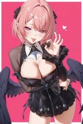 ai_generated arm_belt belt black_belt black_bow black_dress black_nails black_ribbon black_sleeves black_wings bodysuit bow cleavage_cutout clothing_cutout contrapposto detached_sleeves dress dynamic_pose exusi_ai feathered_wings fellatio_gesture frilled_sleeves grey_bow large_breasts letterbox long_sleeves looking_at_viewer low_wings medium_hair nail_polish pink_eyes pink_hair pink_pupils pointy_ears purple_eyes remielle_(zenless_zone_zero) see_through short_dress short_hair smug swept_bangs tongue tongue_out tongue_piercing wings zenless_zone_zero zipper zipper_pull_tab