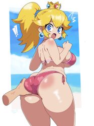 1girls 1other ambiguous_gender ass ass_grab barely_contained beach big_ass big_breasts bikini blonde_hair blue_eyes breasts crown disembodied_hand earring female female_focus from_behind fruitheadart groping groping_ass healerart jewelry looking_back mario_(series) nintendo ocean open_mouth pink_bikini ponytail princess princess_peach questionable_consent shocked side-tie_bikini sideboob simple_background spoken_exclamation_mark standing surprised swimsuit tied_hair veiny_arms