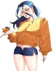 black_hair blue_hair blush breasts clothing denim earrings female female female_only hair_behind_ear hair_ornament holding jewelry jobin_chan long_hair long_sleeves looking_at_viewer midriff nail_polish navel nefertari_vivi one_piece open_mouth original pixiv ring shirt short_shorts shorts simple_background solo sweater tied_hair underwear white_background yellow_eyes