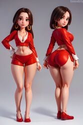 ai_generated black_hair cute dark_hair earrings female female_only high_heels legs long_legs navel pixar pixar_style pose posing sensuarty small_breasts small_waist stomach thick_ass thick_thighs tight_clothes tight_clothing tight_fit tight_pants tight_shorts