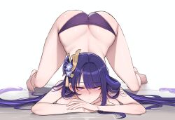 ai_generated akyoi bikini bikini_bottom blush bubble_ass bubble_butt jack-o_pose large_breasts ponytail purple_bikini raiden_shogun white_background