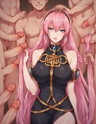 1girls ai_generated clothed_female_nude_male gangbang hair_fetish hair_grab hairjob head_grab large_breasts megurine_luka multiple_boys multiple_penises penis pink_hair very_long_hair vocaloid