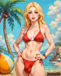 1futa abs absurd_res absurdres ai_assisted ai_generated beach bikini bikini_bottom bikini_top blonde_hair bulge bulge_through_clothing dickgirl eyelashes eyeliner eyeshadow freckles futa_bulge futa_only futa_sans_pussy futanari hand_on_hip high_resolution highres light-skinned_futanari light_skin long_hair looking_at_viewer makeup medium_breasts muscular muscular_female muscular_futanari parted_hair penis_in_bikini penis_in_swimsuit red_bikini red_eyes red_lips red_lipstick self_upload side-tie_bikini small_penis small_penis_futa solo swimsuit swimwear thecoomjurer toned toned_female toned_futa