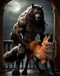 ai_generated anal anal_sex black_fur canine doggy_style duo fox gay long_hair looking_pleasured male_on_male muscular_male orgasm_face realistic smaller_male snarling solo van_helsing_(2004) werewolf wolf