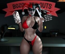 1girls 3d batman:_arkham_knight batman_(series) big_breasts bikini bozo_pubic_tattoo breasts dc dc_comics dialogue female female_only harley_quinn harley_quinn_(classic) harley_quinn_(injustice) high_resolution highres injustice_2 pubic_tattoo smitty34 solo text thick_thighs wide_hips