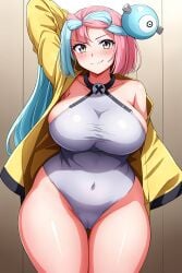 ai_generated arm_up big_breasts blush bodysuit busty creatures_(company) curvy cyan_hair facing_viewer female female_only game_freak gym_leader hair_ornament hi_res highres iono_(pokemon) long_sleeves magnemite_hairclips multicolored_hair nintendo one_piece_suit open_jacket pink_hair pokemon pokemon_(game) pokemon_sv pokemon_trainer posing seraphim_ai smile solo stable_diffusion thick_thighs