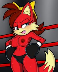 1girls accurate_art_style anthro auburn_hair black_boxing_gloves black_gloves black_panties blue_eyes bow boxing boxing_gloves boxing_ring breasts canine curvy fang female female_only fighting_ring fiona_fox fox fox_ears fox_tail furry furry_only gloves half-closed_eyes looking_at_viewer navel nipples official_style open_mouth panties red_fur sega solo sonic_(series) sonic_the_hedgehog_(series) standing sweat tail thick thick_hips thick_thighs thighs topless topless_boxing toyminator900 wide_hips yellow_bow