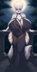 big_breasts breasts dress female furry gigantic_breasts huge_breasts hyper_breasts knightdd tagme thick_thighs white_fur white_hair wide_hips