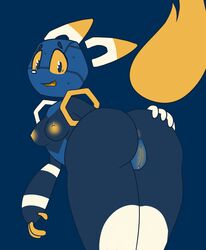 2017 android anthro anus ass blue_eyebrows blue_fur blue_nose breasts canine disembodied_head e621 esix female fox fur hexagon hi_res looking_back machine mammal mascot maypul_syrup nipples presenting presenting_hindquarters pussy robot small_breasts solo standing timid white_ears white_fur yellow_anus yellow_nipples yellow_sclera yellow_tail yellow_tongue