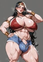 1futa abs ai_generated amazonian_futa biceps bikini black_hair blush bulge dc dc_comics denim denim_shorts diana_prince earrings futanari goddess gold_jewelry hoop_earrings huge_ass huge_breasts huge_cock jewelry long_hair multiversus muscular muscular_futanari roughtriumph shorts solo sweat tagme warner_brothers wonder_woman wonder_woman_(series)