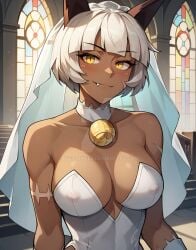 ai_generated bob_cut breasts cat_girl church cleavage dark-skinned_female erect_nipples erect_nipples_under_clothes female looking_at_viewer nadia_fortune neetaiweeb skullgirls smiling solo solo_female wedding_dress white_hair wrong_eye_color yellow_eyes