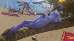 3d beach big_ass big_breasts black_hair blizzard_entertainment blue_skin draenei female_only horns huge_breasts looking_at_viewer looking_back morilymory nude original_character pinup sironis solo tail thick_thighs voluptuous voluptuous_female warcraft wide_hips world_of_warcraft