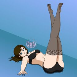 1girls anatomy_fail bad_anatomy blue_eyes bra brown_hair lace legs lingerie original_character pale_skin pinup projectsubby thigh_highs thighhighs underwear