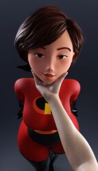 1boy 3d 3d_(artwork) big_breasts bodysuit breasts elastigirl first_person_view fully_clothed helen_parr holding_face holding_head human human_only milf mother not_porn pov pov_eye_contact smitty34 superhero_costume superheroine the_incredibles wide_hips