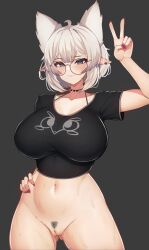 absurd_res ahe_gao ahoge animal_ears arm_up armpits bikini black_bikini black_choker black_shirt blush borrowed_character bottomless breasts cameltoe choker cleft_of_venus closed_mouth cowboy_shot ear_piercing extra_ears female female_pubic_hair glasses grey_background grey_hair hand_on_own_hip hi_res high_resolution highres large_breasts lorel_(aurwoora) nail_polish navel nipples no_bra no_panties original piercing pointy_ears pubic_hair pubic_hair_peek pussy red_nails rope rope_between_breasts rope_bondage round_eyewear shirt short_hair simple_background smile solo spiked_choker spikes standing tagme topless v varniskarnis white_hair