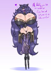 1girls bimbo black_panties bradtanker3 breasts camilla_(fire_emblem) choker cleavage corset english_text eyeshadow female female_only fire_emblem fire_emblem_fates gigantic_breasts hourglass_figure inviting inviting_to_sex lipstick makeup midriff navel nintendo panties pelvic_curtain purple_lipstick revealing_clothes see-through slim_waist small_waist solo text thick_lips thick_thighs thigh_boots thin_waist thong underwear voluptuous wide_hips