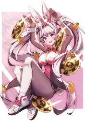 1girls alice_(nikke) alice_(wonderland_bunny)_(nikke) arms_up ass blush breasts bunny_ears bunnysuit cleavage female_only goddess_of_victory:_nikke open_mouth pink_eyes simple_background twintails upper_teeth white_hair