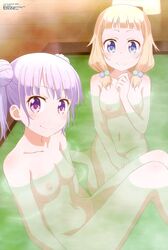 2girls bath bathing blonde_hair blue_eyes blush breasts female female_only hot_spring looking_at_viewer medium_breasts multiple_girls navel new_game! nude purple_eyes purple_hair pussy sakura_nene smile suzukaze_aoba twintails