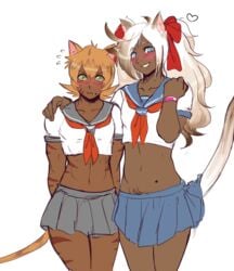 2boys androgynous animal_ears beauty_mark blonde_hair blue_eyes blush crossdressing dark-skinned_femboy dark-skinned_male dark_skin femboy ganguro girly green_eyes gyaru hourglass_figure kogal looking_at_viewer orange_hair ribbon school_uniform serafuku tail trap white_hair yellow_kirby