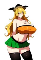 1girls 2d bare_shoulders belly belly_button big_breasts blonde_hair blush breasts breasts_bigger_than_head cleavage female goddess hand_on_breast hat hips huge_breasts large_breasts long_breasts long_hair looking_at_viewer nipple_bulge nipples okina_matara open_mouth skirt smile solo source ssaf ssaf52913778 ssaf_seibeupail standing thick_thighs thighhighs thighs touhou tubetop white_background wide_hips yellow_eyes