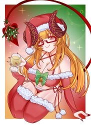 1girls blonde_hair christmas_outfit cleavage demon_girl demon_horns demon_tail female glasses highres large_breasts mistletoe red_eyes revealing_outfit santa_hat succubus tane_tenshi virtual_youtuber vtuber wine wine_glass