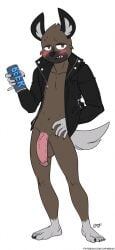 aggressive_retsuko aggretsuko alcohol anthro balls beer beverage beverage_can big_penis blush blush_lines bottomless bottomless_anthro bottomless_male brown_body brown_fur cheek_tuft clothed clothing facial_tuft fangs flaccid fur genitals grey_body grey_fur haida haida_(aggretsuko) hi_res huge_cock humanoid_genitalia humanoid_penis hyena jacket lapinbeau leather leather_clothing leather_jacket leather_topwear male mammal open_clothing open_jacket open_topwear penis sanrio simple_background spotted_hyena teeth topwear tuft vein veiny_penis white_background