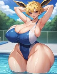 ai_generated armpits arms_behind_head cameltoe curvy eeveelution gigantic_ass gijinka huge_thighs humanized_pokemon jolteon nipple_bulge outdoors pokemon slender_waist spiky_hair stable_diffusion swimming_pool thick_thighs tomboy voluptuous wide_hips