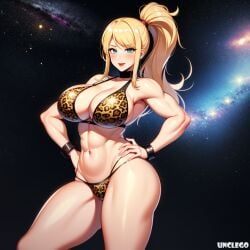 1girls abs ai_generated big_breasts bikini blonde_hair blue_eyes bodybuilder breasts fit_female hand_on_hip huge_breasts leopard_print leopard_print_bikini looking_at_viewer metroid muscular_female ponytail samus_aran self_upload space_background stable_diffusion standing thighs unclego