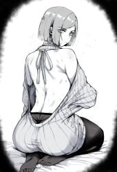 1girls absurdres anger_vein ass backless_outfit commentary english_commentary female from_behind frown greyscale highres jujutsu_kaisen kugisaki_nobara looking_at_viewer looking_back masoq095 median_furrow meme_attire monochrome pantyhose seiza short_hair shoulder_blades simple_background sitting solo sweat virgin_killer_sweater