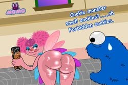 1boy 1girls abby_cadabby anus ass blue_fur chocolate cookie cookie_monster cute fat_ass female lube momokarin01 monster oiled_skin pbskids pink_skin sesame_street tagme wings