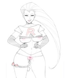 1girls alternate_costume bullet_vibe choker elbow_gloves exposed_nipples exposed_pussy eyeshadow female female_only hands_on_hips jessie_(pokemon) legoman lipstick long_hair monochrome nipple_piercing nipples pokemon pubes pubic_hair red_hair red_pubic_hair sketch solo team_rocket underboob vibrator